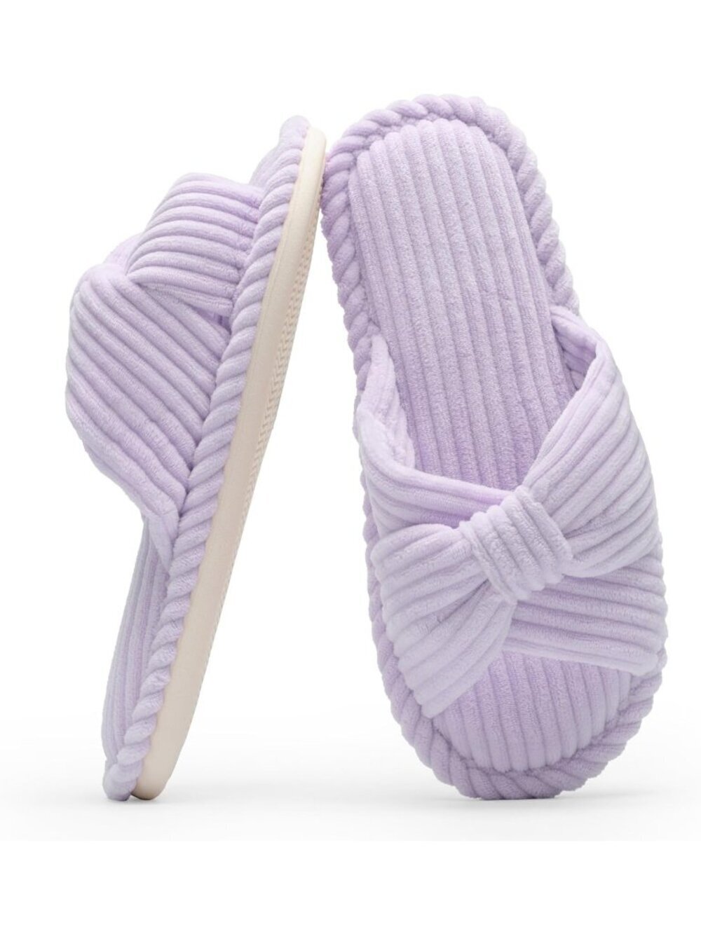 Women's Light Purple Corduroy Bow Comfortable Bedroom Spa Open Toe Slipper Shoes